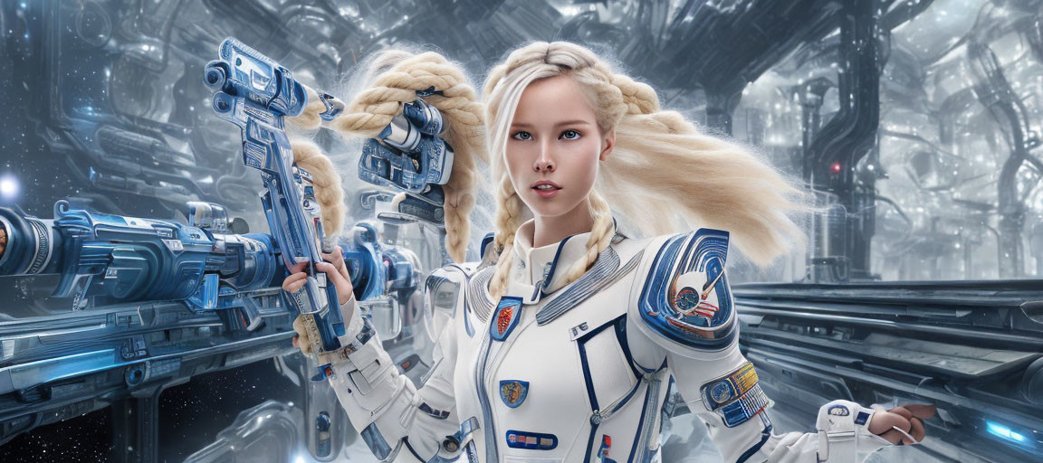 Blond woman in futuristic suit wields advanced weapons in sci-fi scene