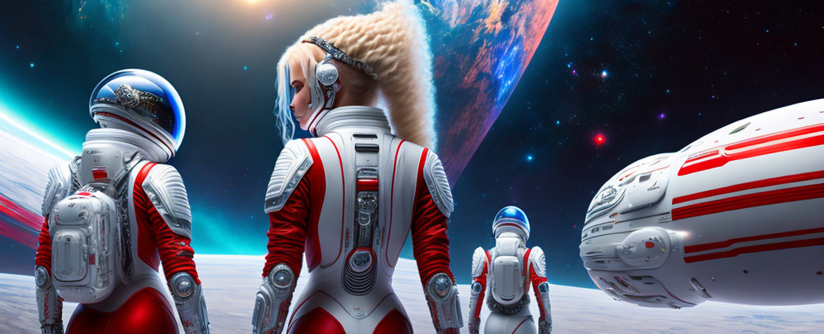 Astronauts in white and red spacesuits on alien planet with spaceship and celestial body