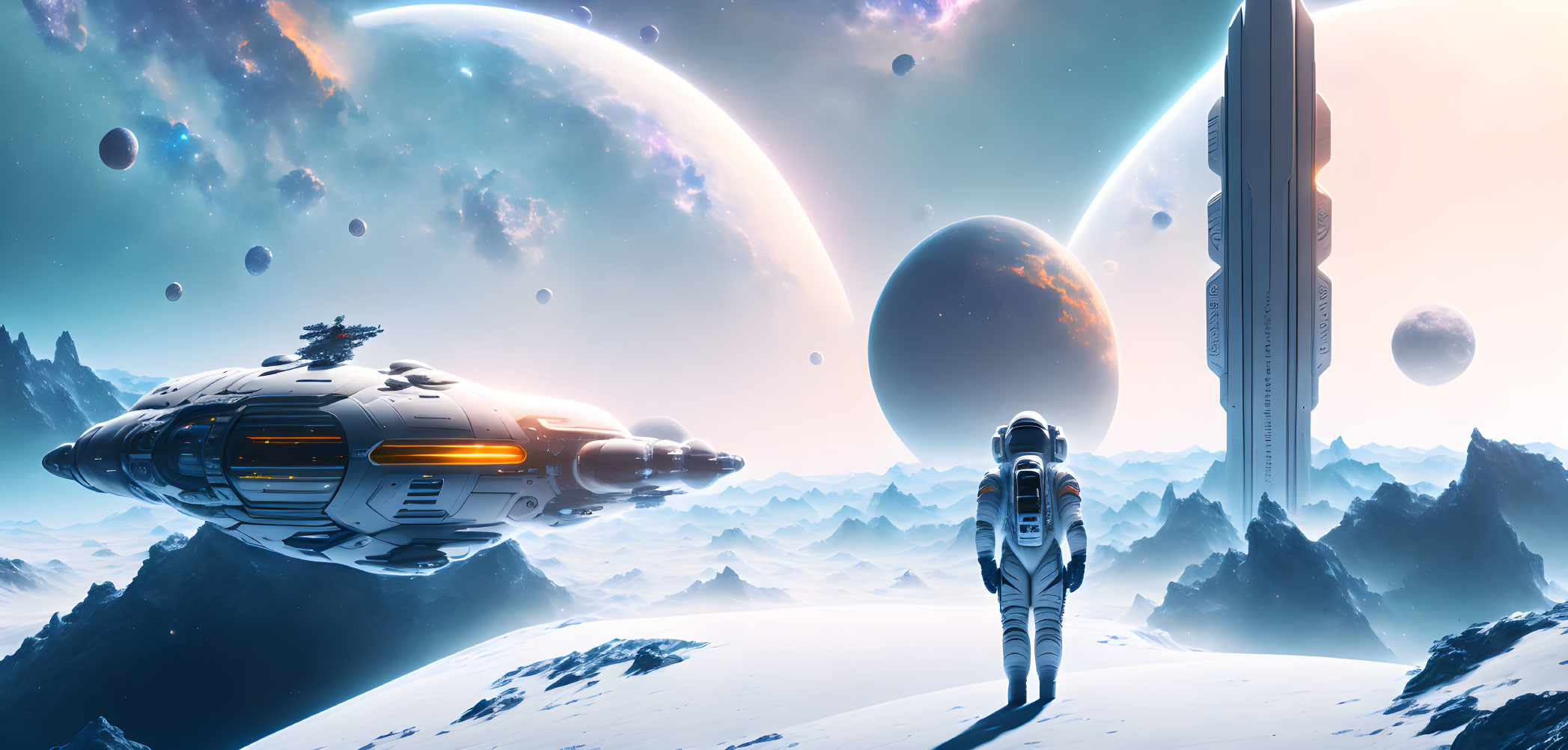 Astronaut on snowy alien planet with spaceships and celestial bodies