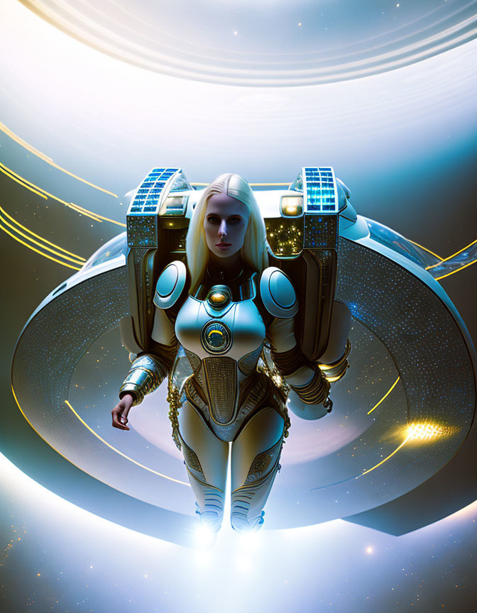Futuristic Female Figure in Armored Spacesuit with Cosmic Background