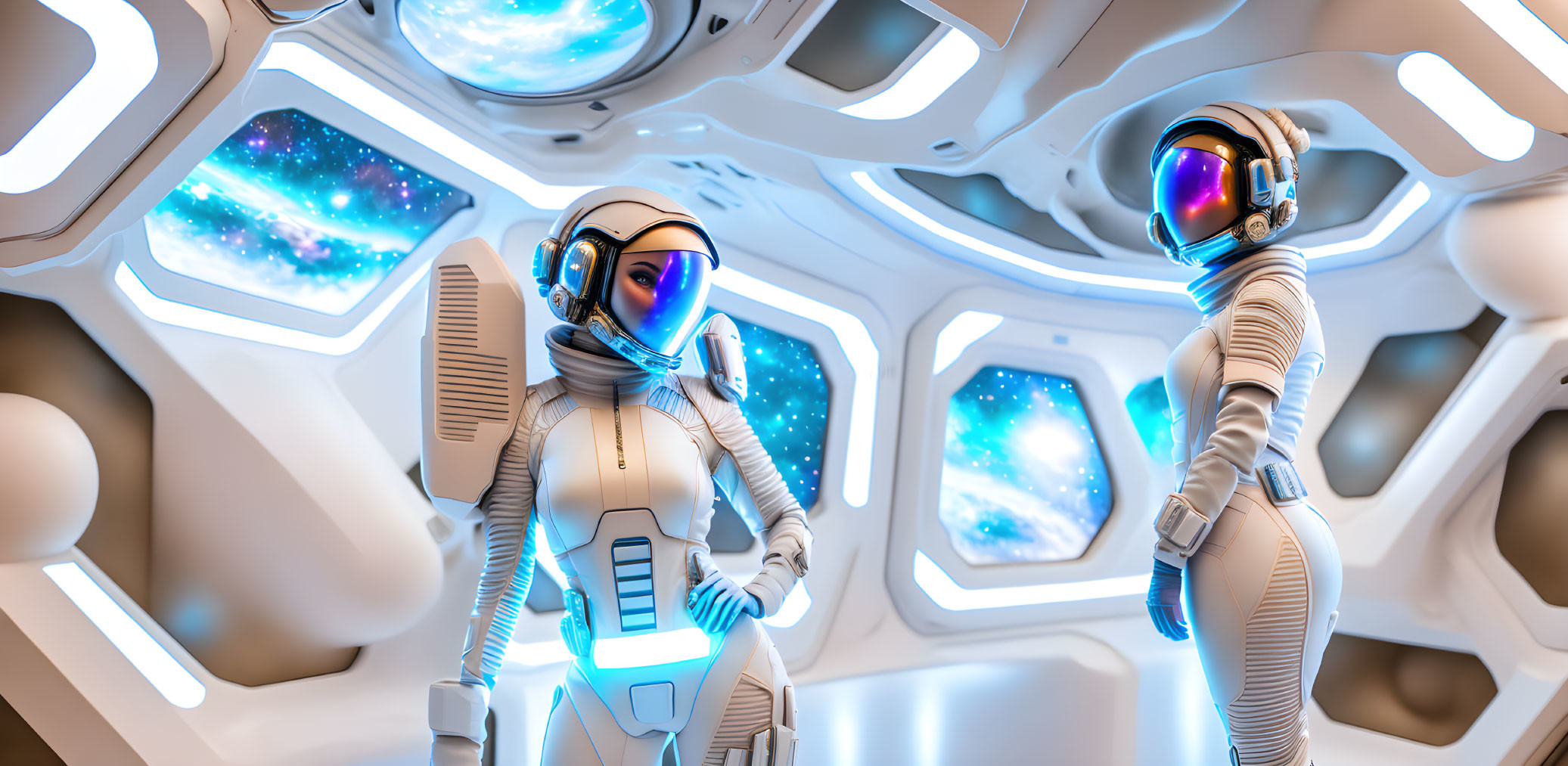 Futuristic spacecraft interior with astronauts and starry cosmos view