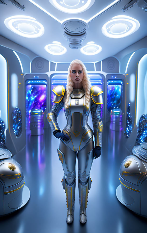 Futuristic woman in silver and gold spacesuit in spaceship corridor