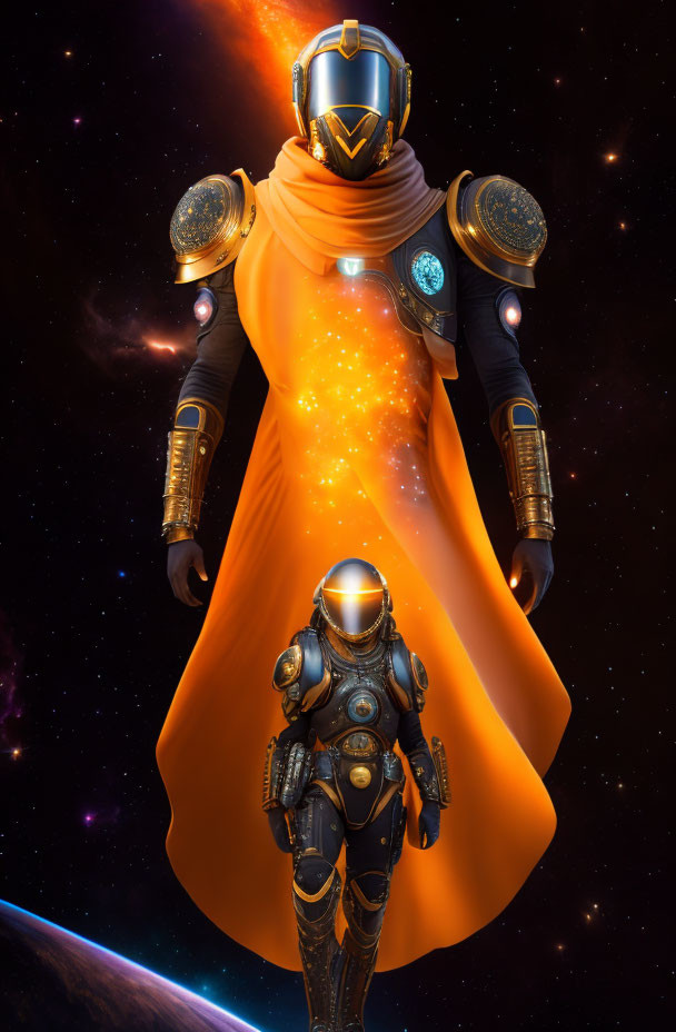 Futuristic armored figures in black and gold against starry space backdrop