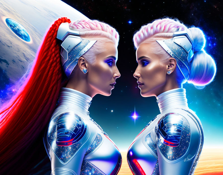 Futuristic women with cybernetic elements and unique hairstyles in space.