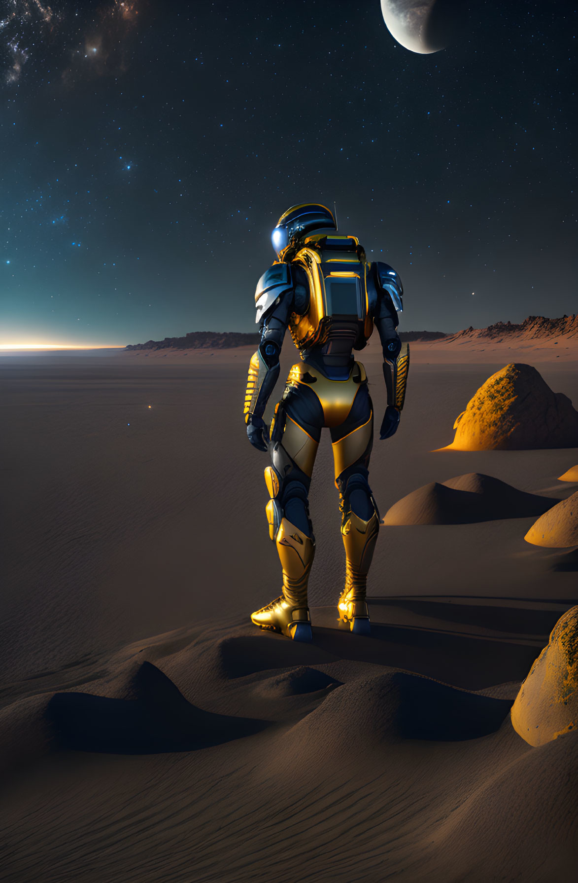 Astronaut in Gold and White Suit in Desert Night Sky