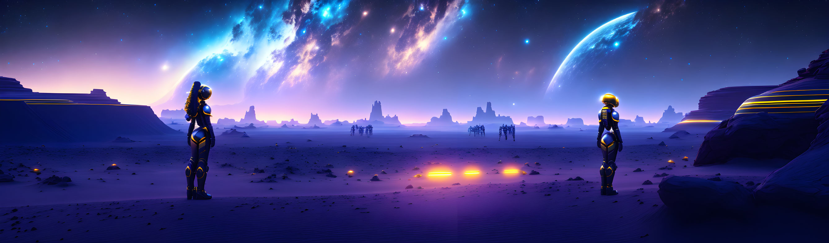 Futuristic figures on alien desert with galaxy and shooting stars