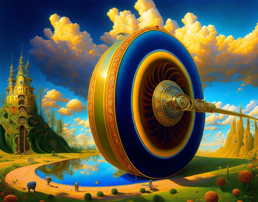 Colorful Fantasy Landscape with Spinning Wheel and Whimsical Structures