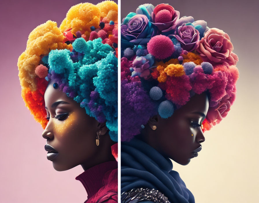 Colorful Flower Headpiece Woman Portrait on Gradient Background