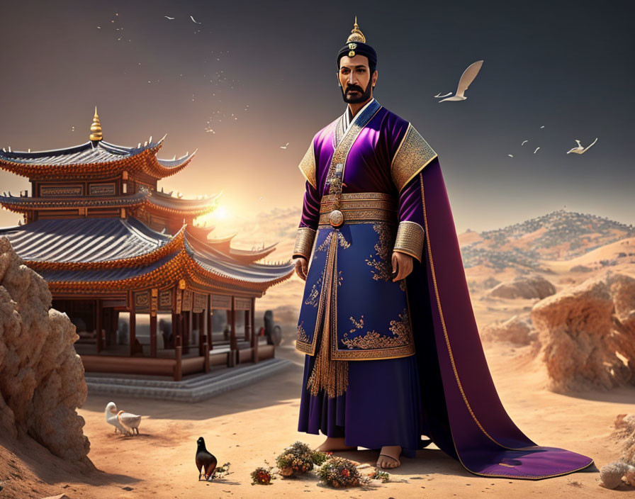 Traditional Chinese Attire Figure at Desert Temple with Flying Doves