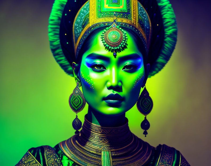 Elaborate headdress and traditional jewelry under green and violet lights