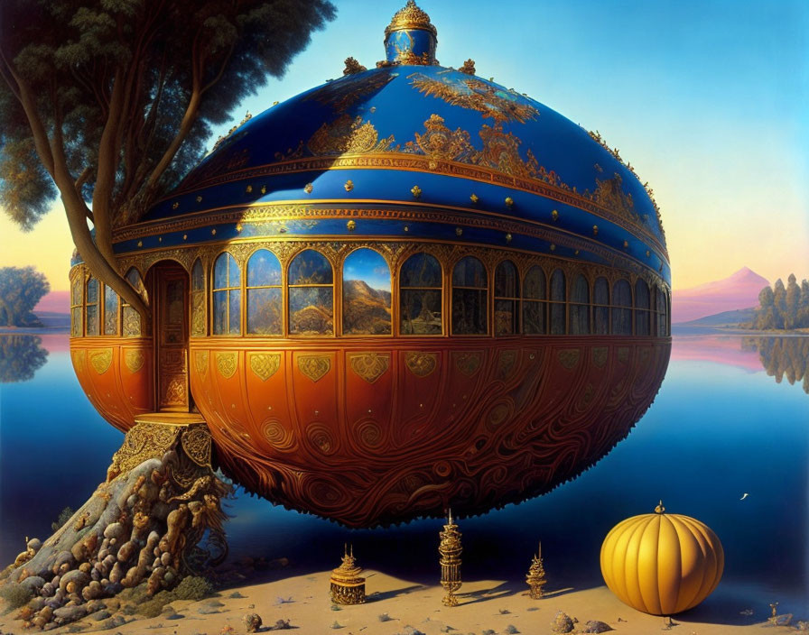 Ornate spherical structure by calm lake in fantastical painting