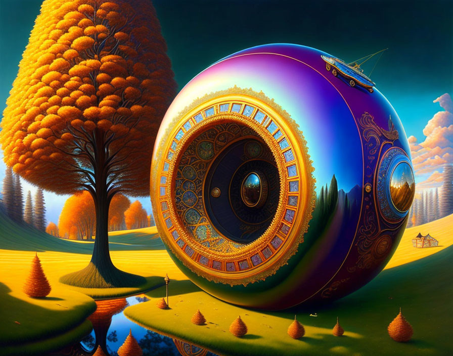 Surreal landscape featuring giant ornate snail-like object, autumn trees, reflective pond, and