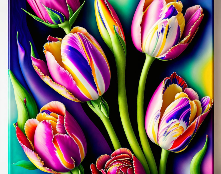 Colorful digital art of multi-colored tulips on dark background