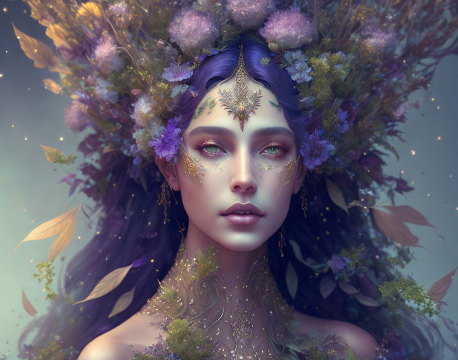 Fantastical digital artwork of violet-skinned female figure with floral crown