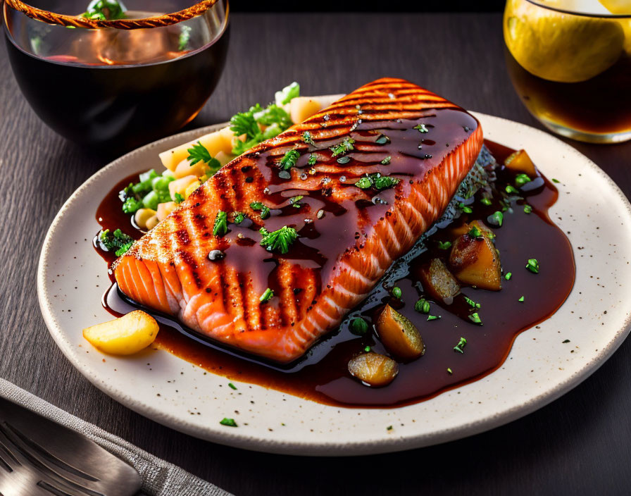 Grilled salmon fillet with glaze, herbs, and vegetables on dark plate with drink.