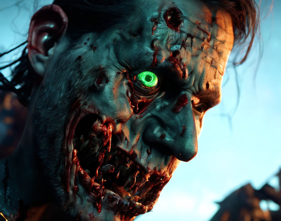 Detailed close-up of gruesome zombie with gory skin, bloodied mouth, and glowing green eye.