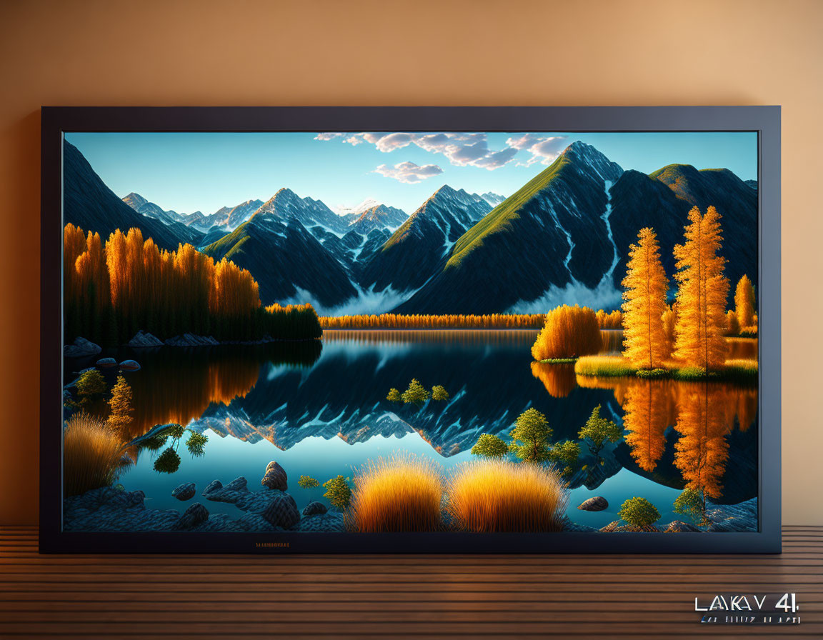 Scenic autumn landscape with mountain lake on TV.