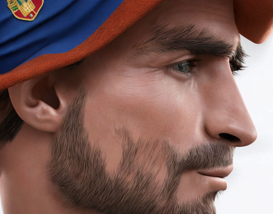 Detailed Close-Up Digital Artwork: Male with Beard & Beret, Realistic Facial Textures