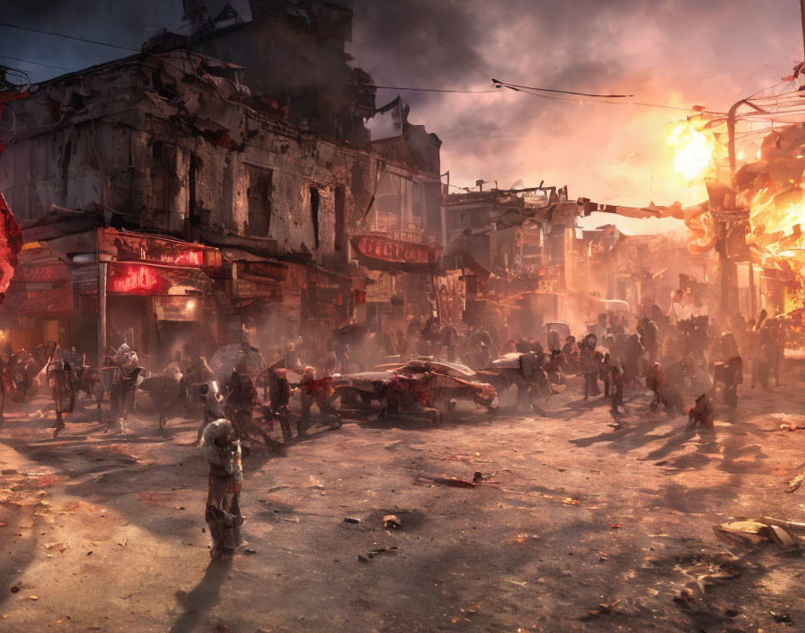Urban scene with fiery explosion, panicked crowd, and debris in chaotic setting