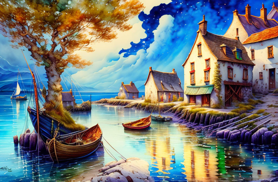 Coastal village illustration with traditional cottages, boats, bay, and autumn tree