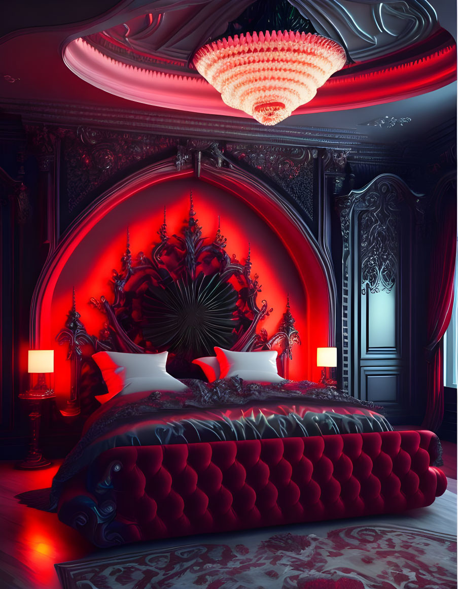 Gothic-themed luxurious bedroom with dark canopy bed and intricate decor