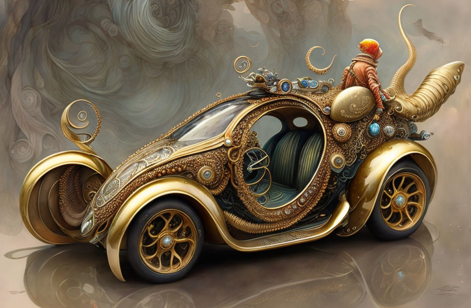 Steampunk-style gold and bronze car with ornate details and red-hatted figure