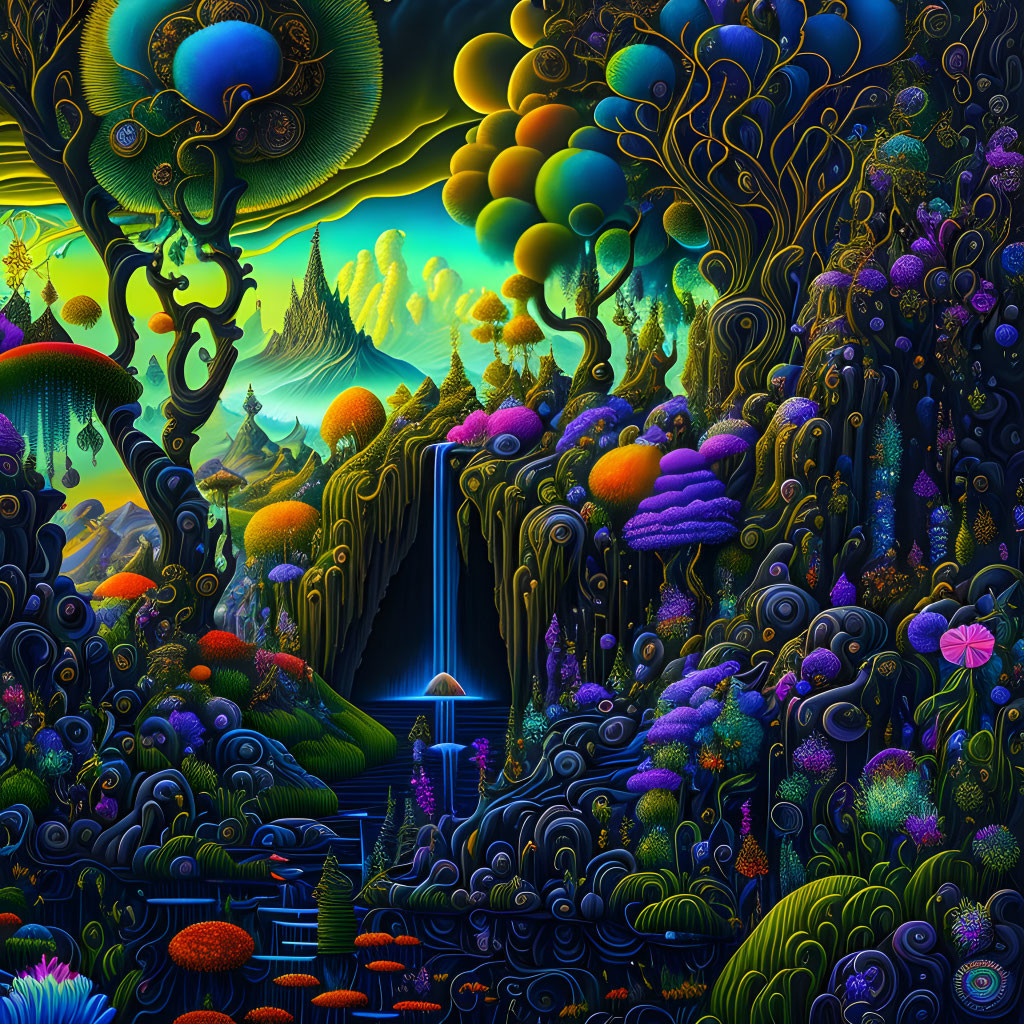 Surreal neon landscape with fantastical flora and waterfall