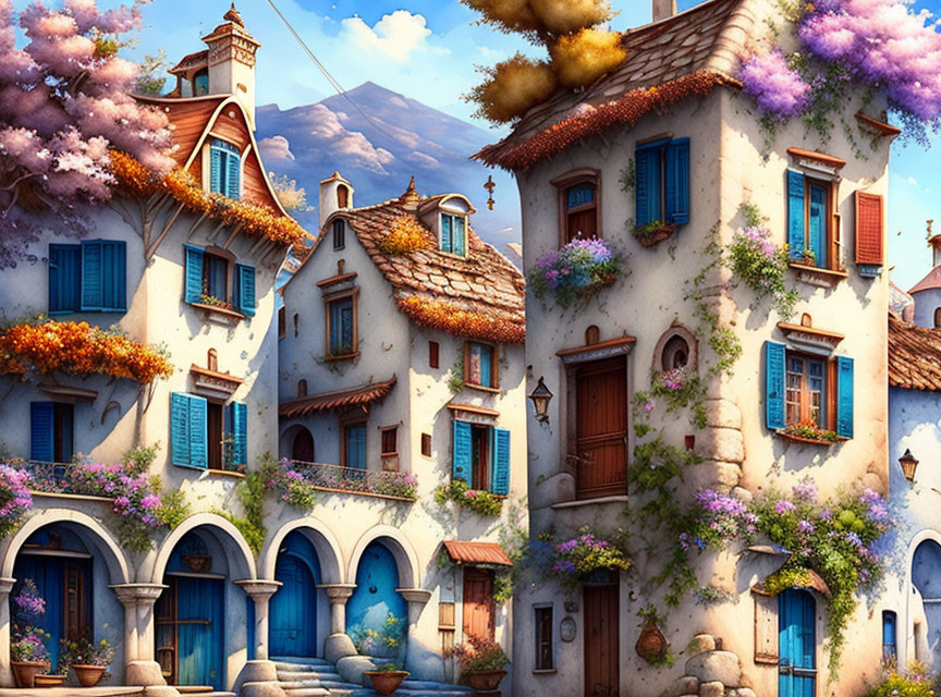 Picturesque Village Scene with Blue Shutters, Vibrant Flowers, and Whimsical Trees