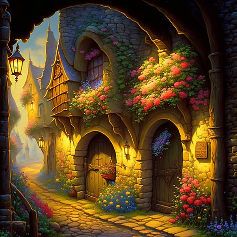 Colorful Flowers and Stone Houses on Cobblestone Street at Dusk