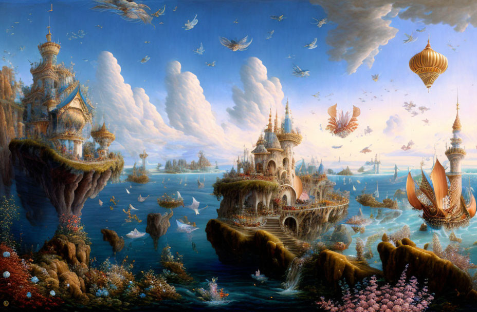 Fantastical landscape with floating islands, castles, airships, colorful flora, fauna, and