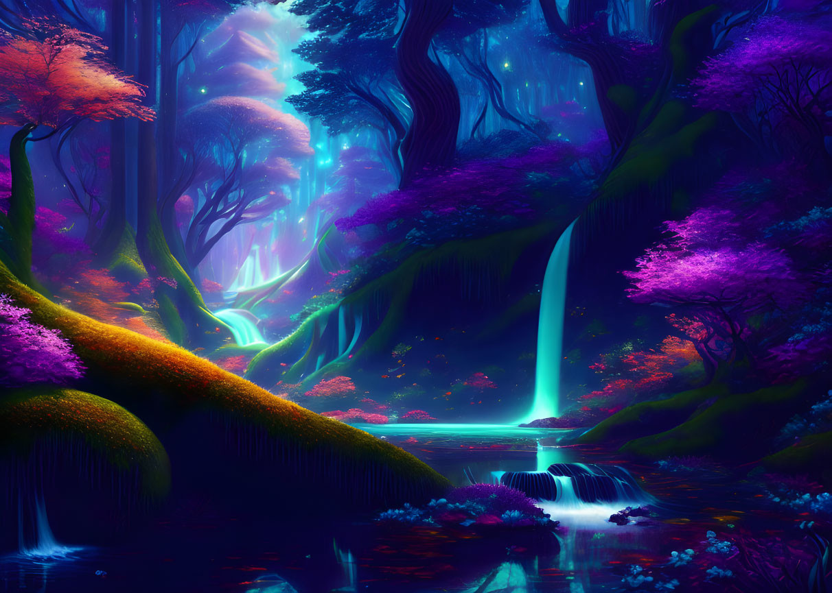Fantasy forest with purple and pink foliage, waterfall, and ethereal light.