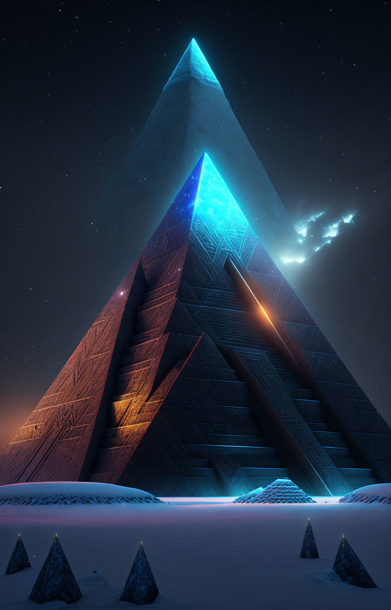 Futuristic blue-glowing pyramid in snowy landscape