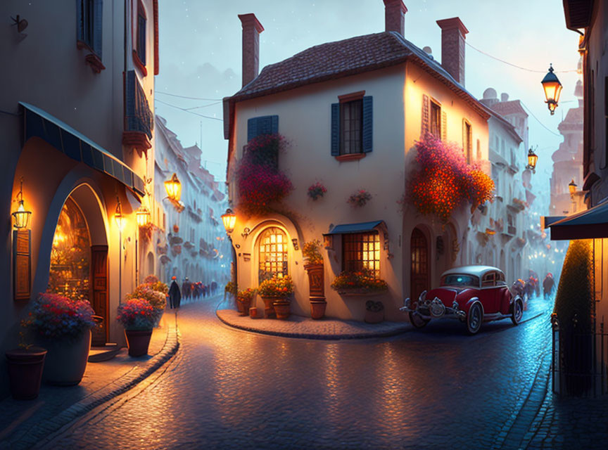 Vintage red car on cobblestone street at dusk with warm lights and vibrant flower baskets