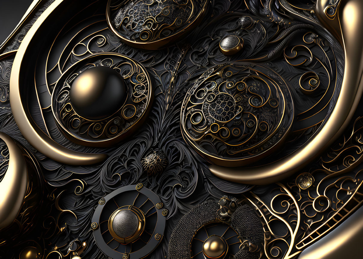 Intricate Black and Gold Abstract Design with Swirling Shapes