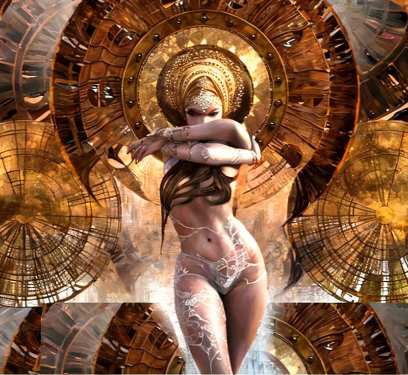 Digital artwork: Woman with body markings in front of ornate mechanical backdrop