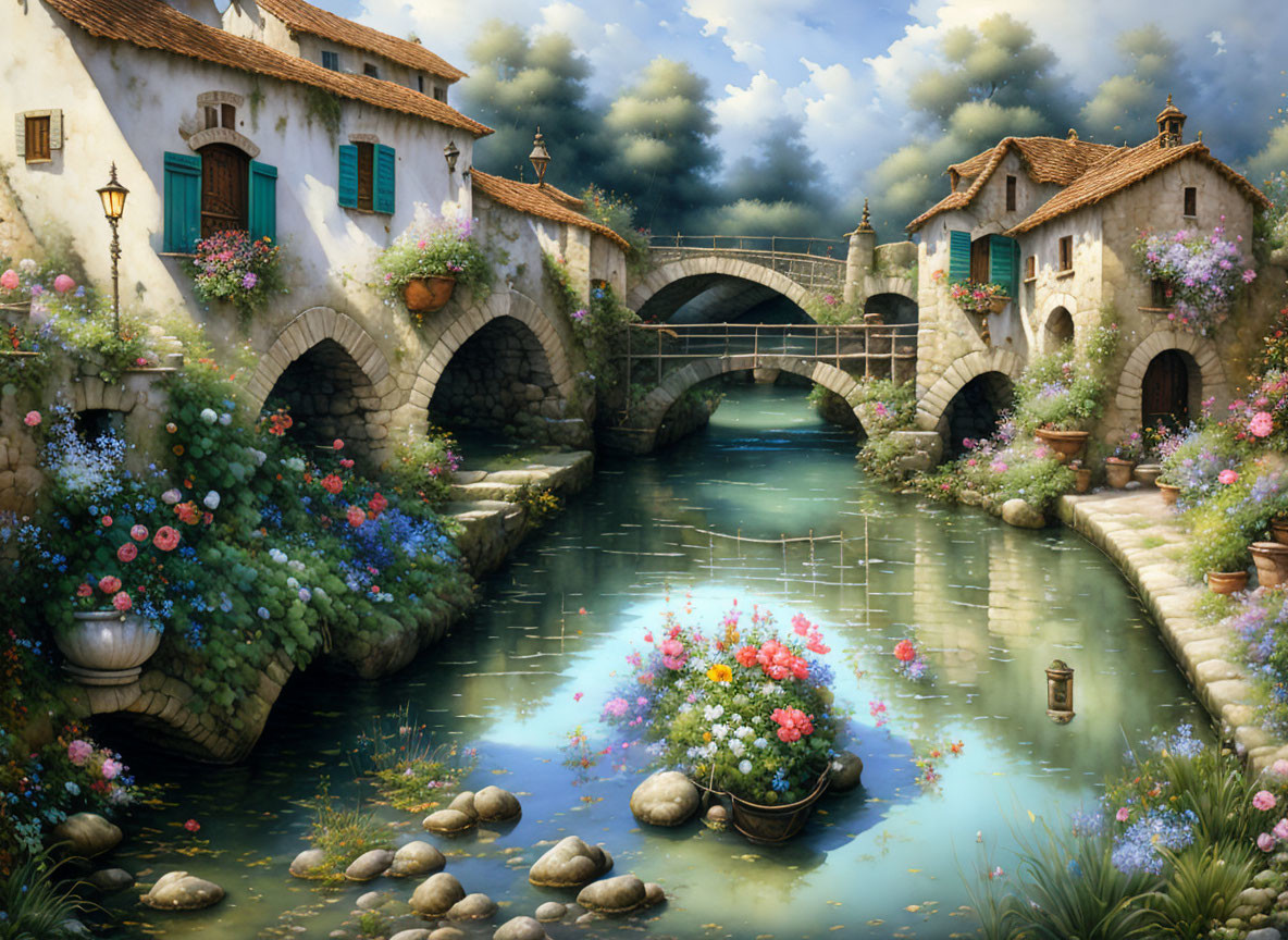 Tranquil village scene with stone bridges, canal, houses, and lush flora