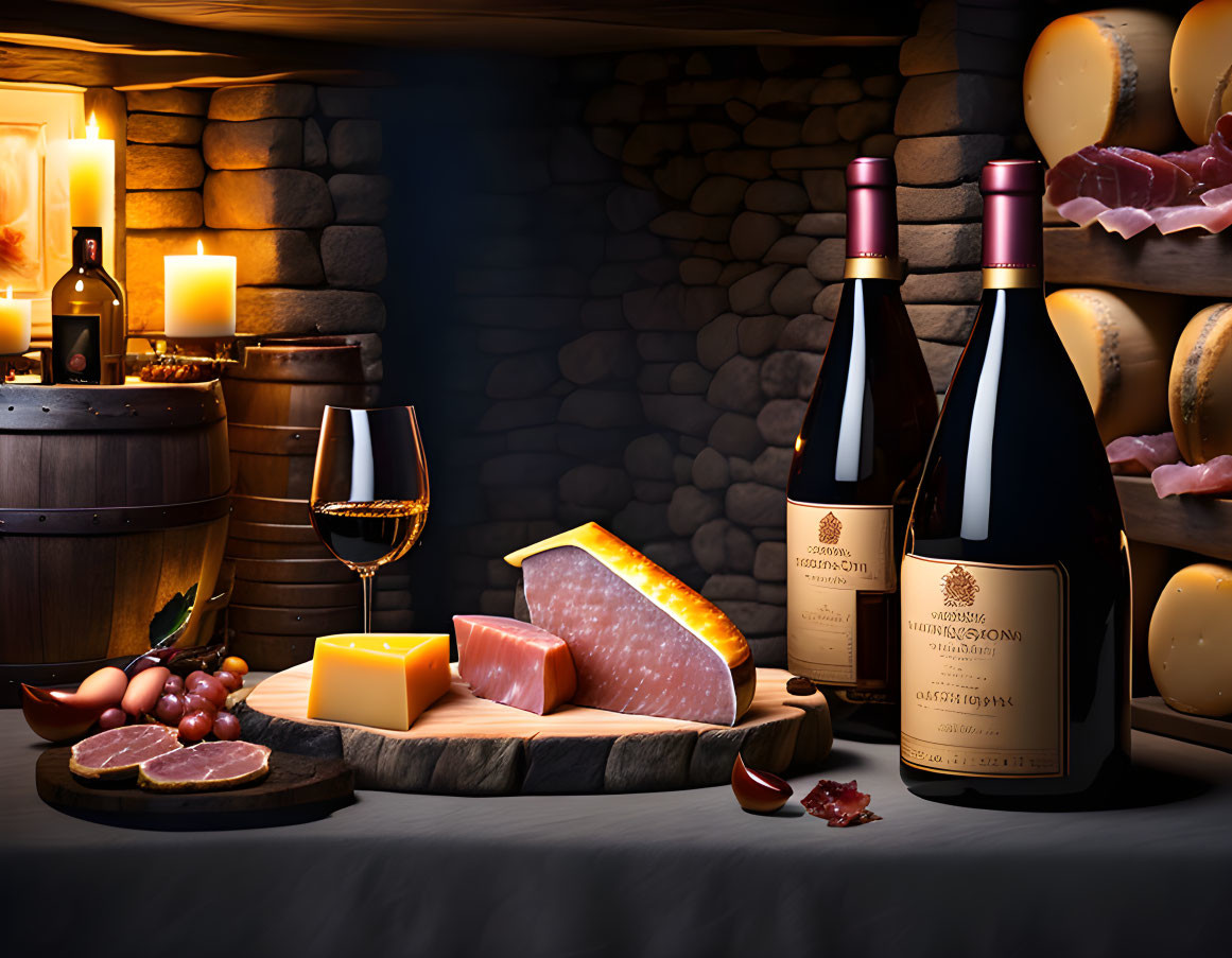 Intimate Wine and Cheese Spread with Candles on Wooden Table