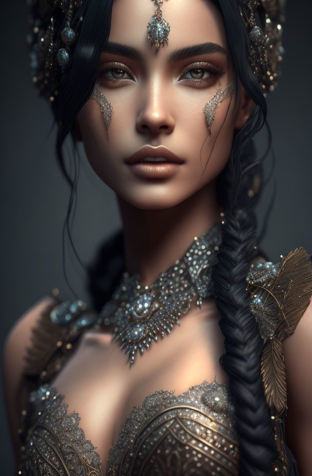 Elaborate jewelry adorns woman in portrait with braided hairstyle