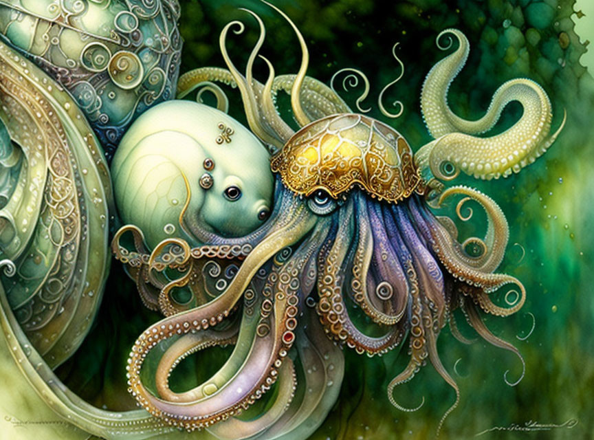 Stylized octopus with intricate patterns and jewel-toned colors on soft green background