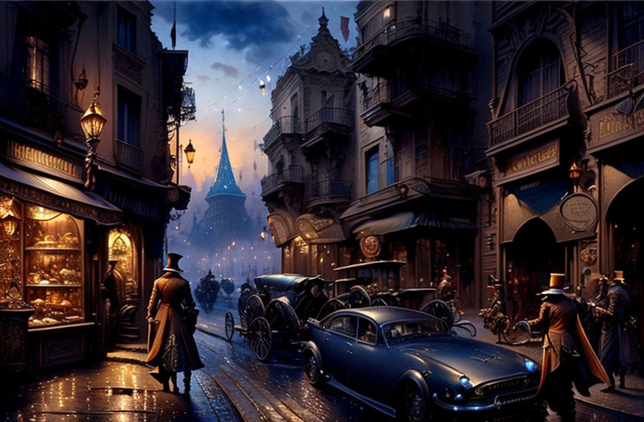 Vintage street scene: dusk ambiance, period attire, classic cars, street lamps, illuminated castle.
