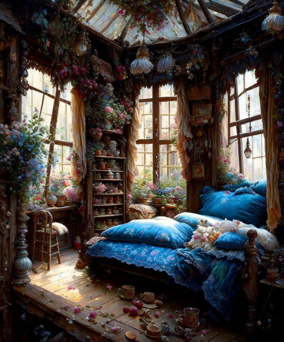 Rustic bedroom with abundant flowers, blue bedding, vintage decor