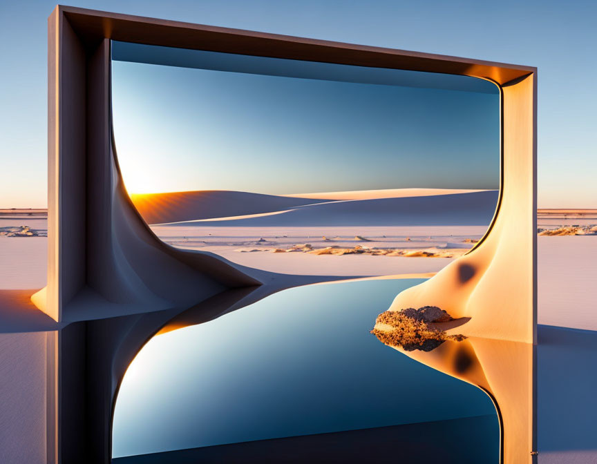 Surreal desert scene with sand dunes mirrored in twisted frame