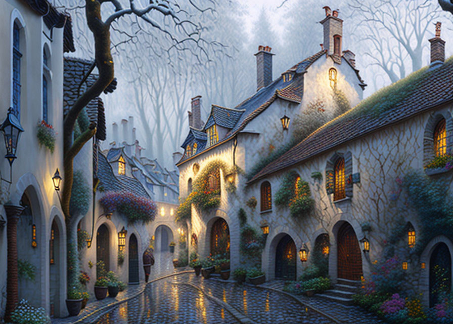 Tranquil cobblestone alley with cozy houses, ivy walls, and blooming flowers at