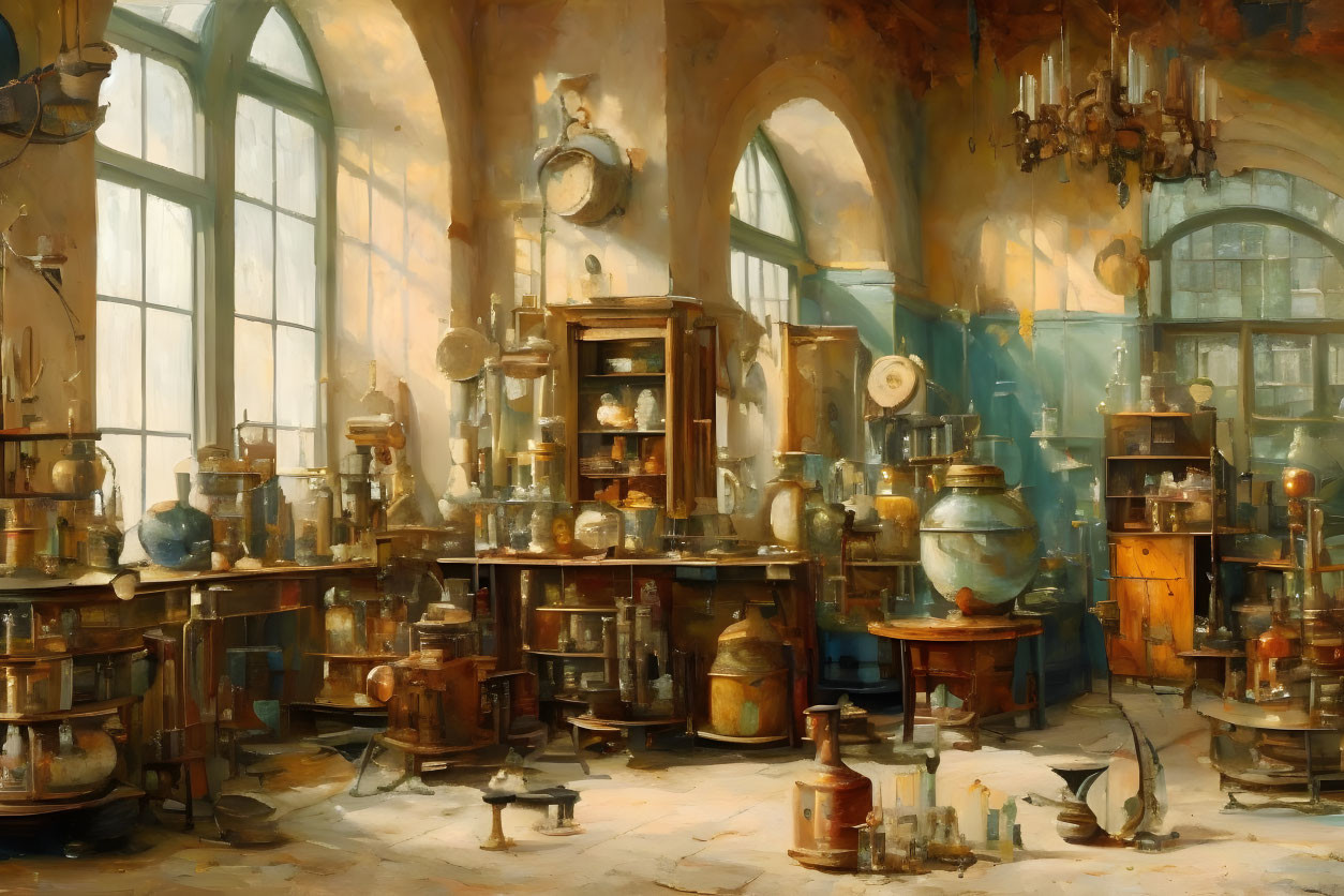 motor and pestles in an alchemists laboratory