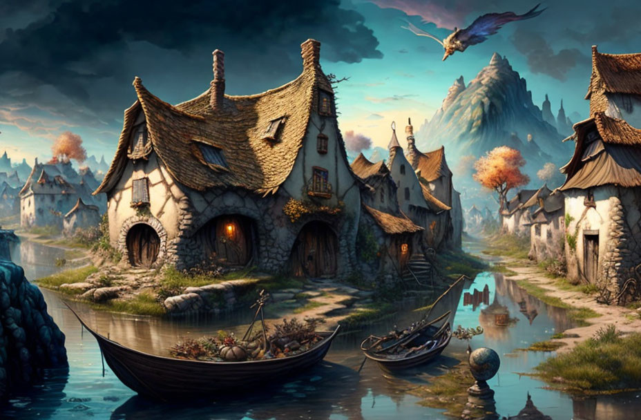 Fantasy village scene with thatched cottages, river, boats, mountains, and flying dragon.