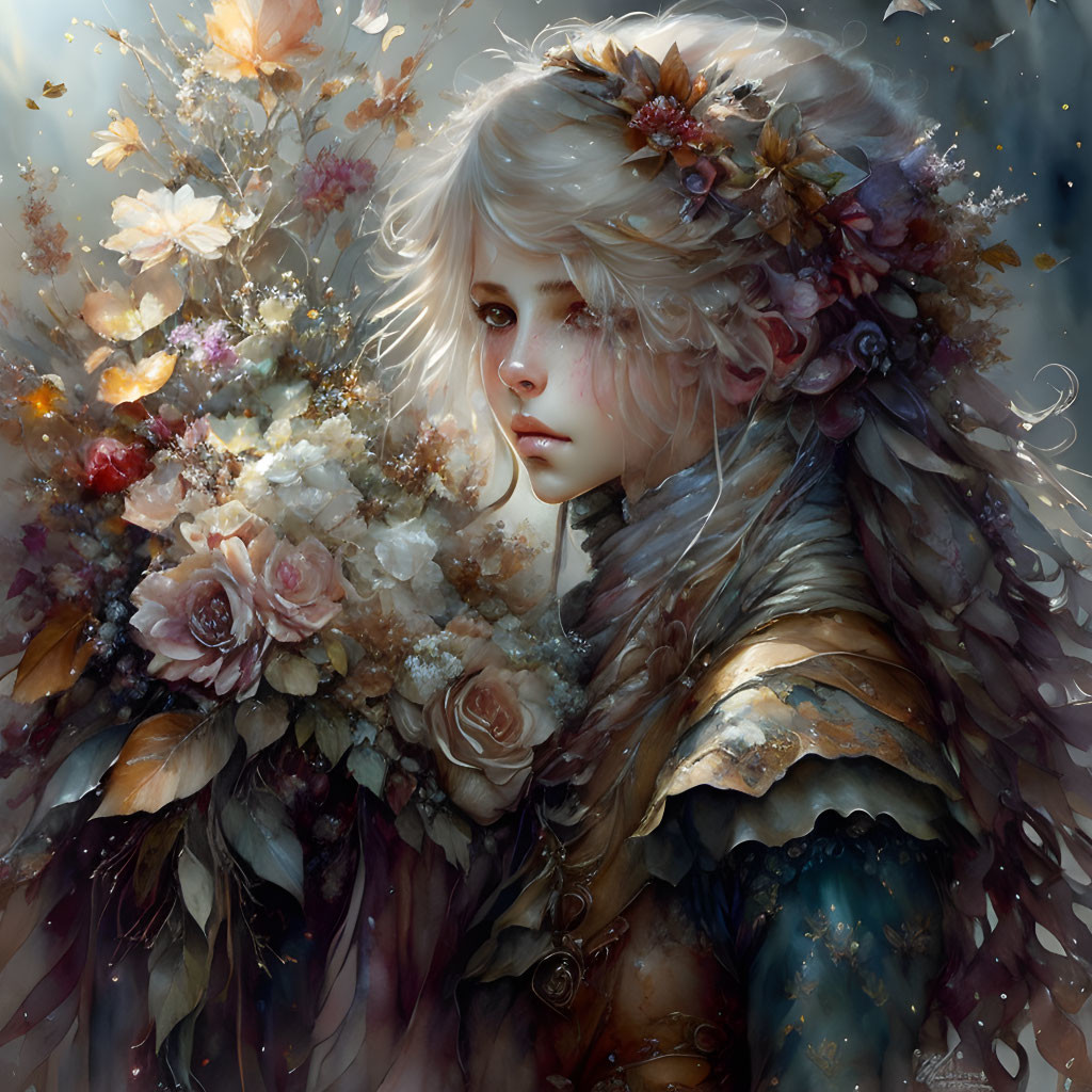 Fantasy character portrait with pale skin, silver hair, and floral crown