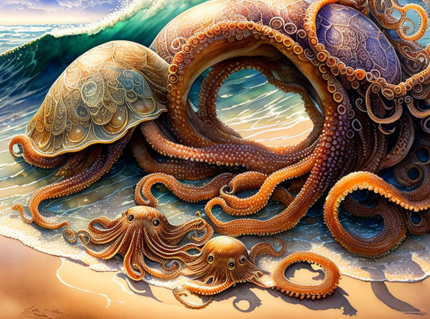 Detailed Stylized Octopus and Turtles with Ocean Waves and Beach
