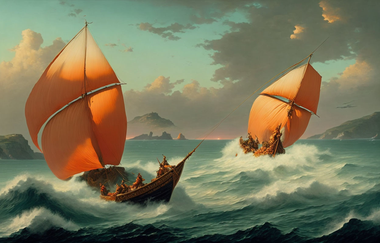 Ancient sailboats with orange sails in rough sea waves under dramatic sky.