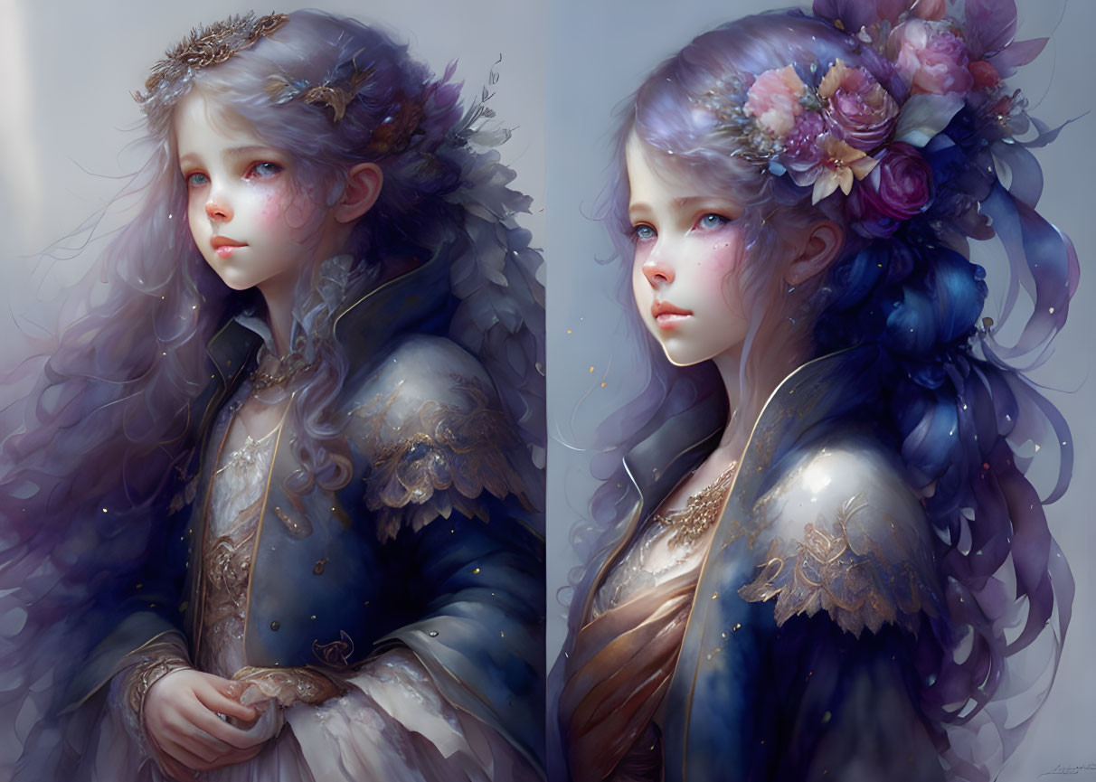 Young girl digital illustration with floral crown and detailed cloak