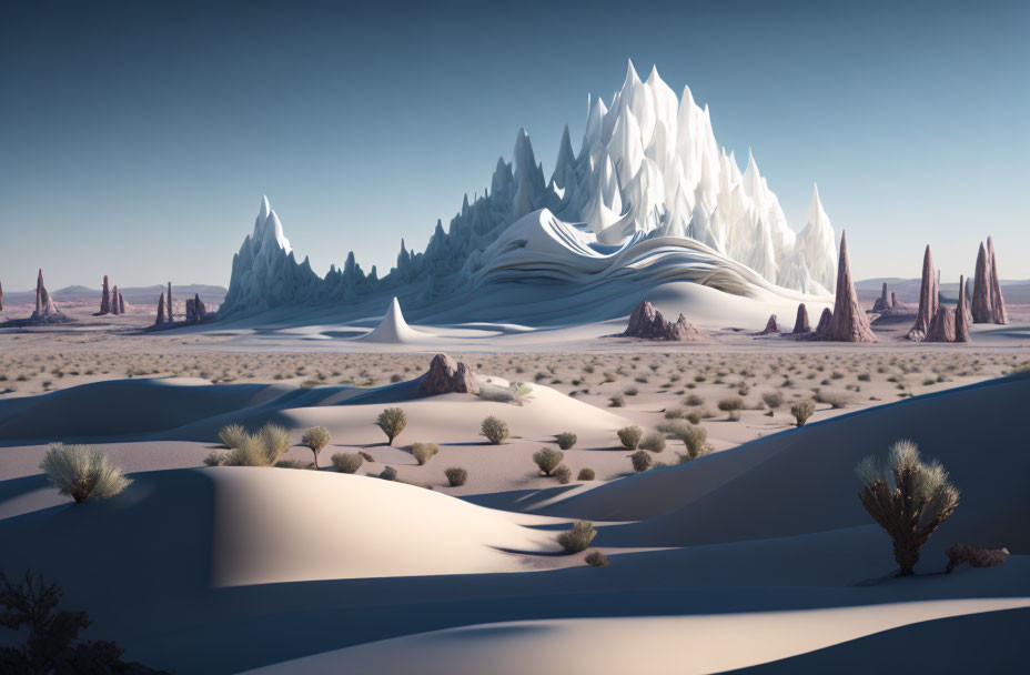 Surreal white sand dunes landscape with spire-like formations